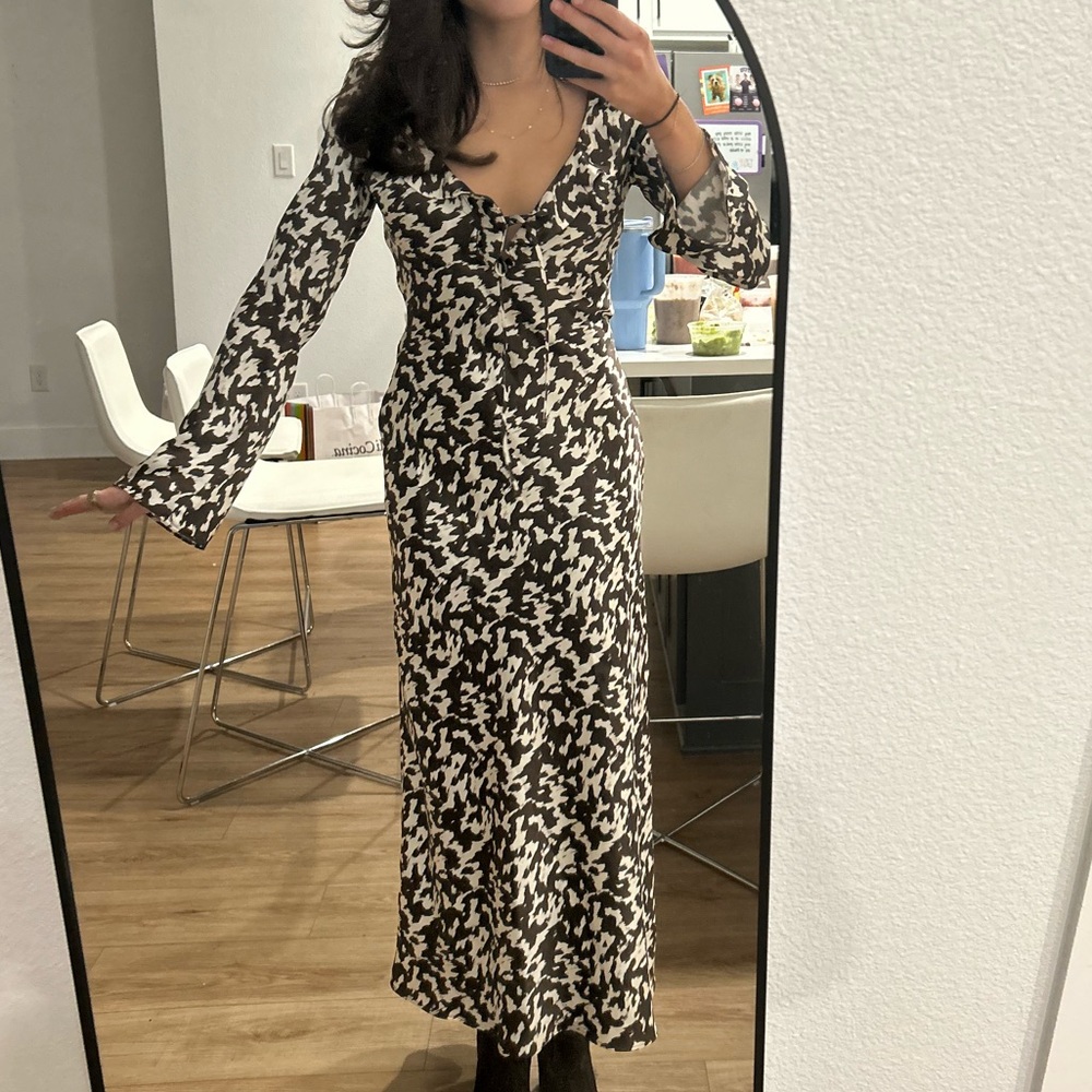 ZARA Brown White Satin Print Ruffle Long Sleeve Maxi Dress NWT